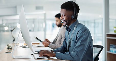 Image showing Happy black man, call center and customer service in telemarketing, communication or support at office. African male person or consultant agent smile in online advice, help or contact us at workplace