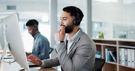 Image showing Call center, customer service and man on an online consultation on a computer working in the office. Contact us, crm and young male telemarketing consultant or agent talking for support in workplace.