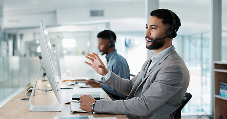 Image showing Call center, customer service and man on an online consultation on a computer working in the office. Contact us, crm and young male telemarketing consultant or agent talking for support in workplace.