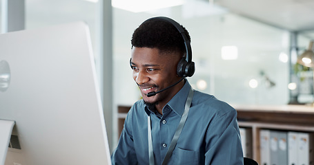 Image showing Happy black man, face and call center in customer service, support or telemarketing at office. African male person, consultant or agent with headphones for consulting in contact us or online advice
