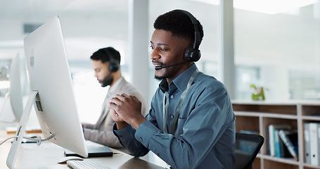 Image showing Happy black man, face and call center in customer service, support or telemarketing at office. African male person, consultant or agent with headphones for consulting in contact us or online advice