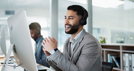 Image showing Computer, call center and happy man talking, crm and support at help desk office. Technology, customer service and sales agent consulting, telemarketing communication or speaking to business contact