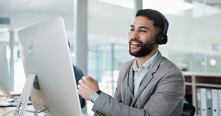 Image showing Call center, customer service and man on an online consultation on a computer working in the office. Contact us, crm and young male telemarketing consultant or agent talking for support in workplace.