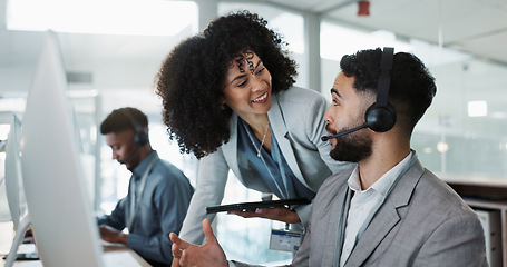 Image showing Business people, call center and coaching staff in customer service, support or telemarketing at office. Team, agent or consultant training together in teamwork for online advice, help or contact us