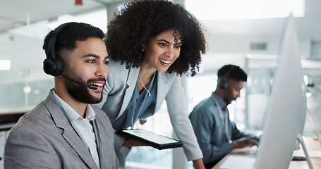 Image showing Call center computer, manager and people smile for telemarketing sales, outsourcing success or lead generation results. Tech support data, help desk teamwork and team with customer service feddback