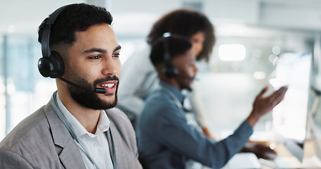 Image showing Computer, call center and happy man talking, crm and support at help desk office. Technology, customer service and sales agent consulting, telemarketing communication or speaking to business contact