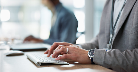 Image showing Keyboard, hands and businessman in the office typing for creative project research on a computer. Technology, career and professional male designer working on website or internet in modern workplace.