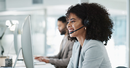 Image showing Happy woman, call center and customer service in telemarketing, support or communication at office. Friendly female person, consultant or agent smile in online advice, help or contact us at workplace