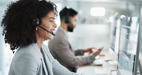Image showing Happy woman, call center and customer service in telemarketing, support or communication at office. Friendly female person, consultant or agent smile in online advice, help or contact us at workplace