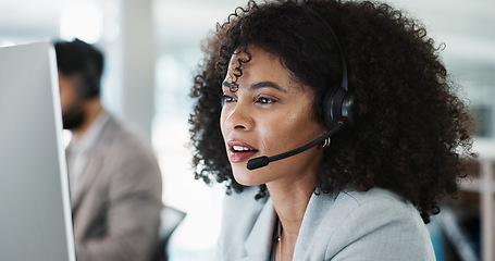 Image showing Happy woman, call center and customer service in telemarketing, support or communication at office. Friendly female person, consultant or agent smile in online advice, help or contact us at workplace