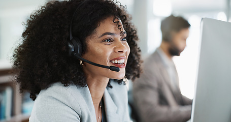 Image showing Happy woman, call center and face with headphones in customer service, support or telemarketing at office. Friendly person, consultant or agent smile in online advice, help or contact us at workplace