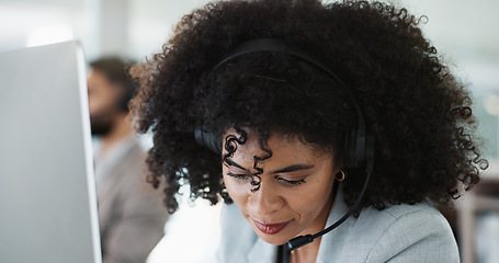 Image showing Happy woman, call center and headphones in customer service, support or telemarketing at computer. Face of friendly person, consultant or agent smile for online advice, help or contact us at office