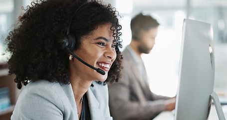 Image showing Happy woman, call center and face with headphones in customer service, support or telemarketing at office. Friendly person, consultant or agent smile in online advice, help or contact us at workplace