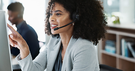 Image showing Happy woman, call center and headphones in customer service, telemarketing or support at office. Friendly female person, consultant or agent smile for online advice, help or contact us at workplace