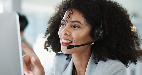 Image showing Happy woman, call center and headphones in customer service, telemarketing or support at office. Friendly female person, consultant or agent smile for online advice, help or contact us at workplace