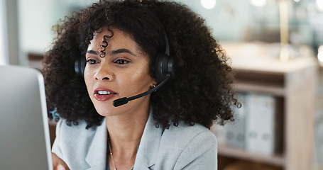 Image showing Happy woman, call center and headphones in customer service, support or telemarketing at office. Face of friendly person, consultant or agent smile for online advice, help or contact us at workplace