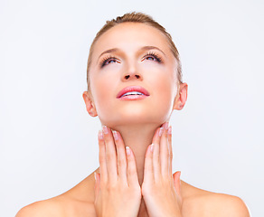 Image showing Face, thinking and beauty of a woman closeup in studio on a white background for natural wellness or cosmetics. Vision, hands and skincare with a confident young model at the salon for dermatology