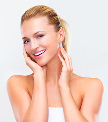 Image showing Beauty, skincare and portrait of happy woman for wellness, facial treatment and cosmetics on white background. Dermatology, spa and face of isolated person for natural skin, salon and glow in studio