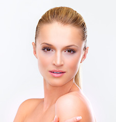 Image showing Cosmetics, skincare and portrait of woman for wellness, facial treatment and beauty on white background. Dermatology, spa and face of isolated person for makeup, salon and luxury aesthetic in studio