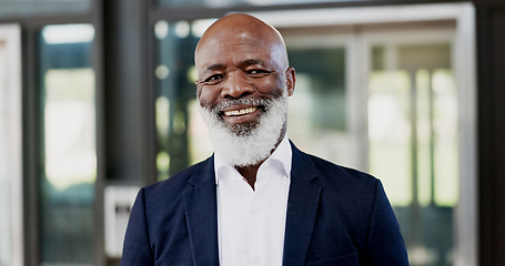 Image showing Laugh, city and face of business black man in city by building for career, job and work opportunity. Professional, happy and portrait of worker in urban town for success mindset, growth and travel