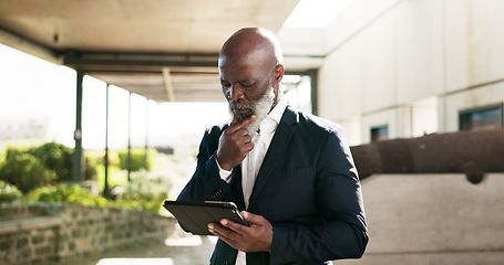 Image showing Outdoor, corporate and senior man with a tablet, thinking or doubt with data analysis, investment research or website info. African person, employee or accountant with technology, outside or confused