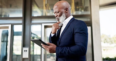 Image showing Outdoor, business and senior man with a tablet, thinking and confused with data analysis, research and email notification. African person, employee and accountant with technology, outside and doubt