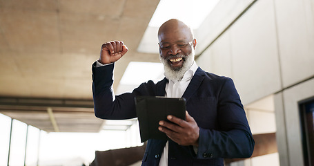 Image showing Tablet, celebration and senior businessman in the city with good news, job promotion or winning. Happy, digital technology and professional African male lawyer with fist pump for success in town.