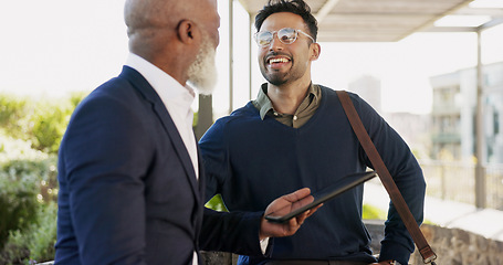 Image showing Outdoor, business people and men with a tablet, conversation and talking with connection, company website and email. Staff, manager and employee with technology, outside and internet with digital app