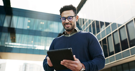 Image showing Tablet, smile and businessman walking in the city doing research for a legal strategy. Happy, digital technology and professional male lawyer from Colombia working on case commuting in urban town.