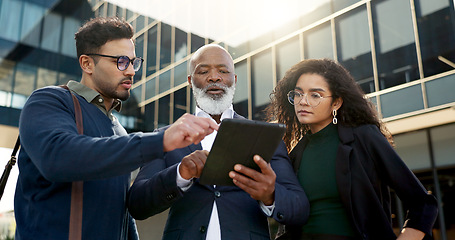 Image showing Tablet, meeting and business people with manager in the city planning a legal strategy. Discussion, digital technology and team of professional lawyers working on case in collaboration in urban town.