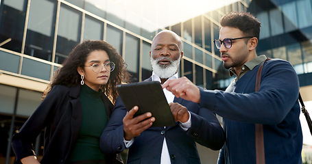 Image showing Tablet, meeting and business people with manager in the city planning a legal strategy. Discussion, digital technology and team of professional lawyers working on case in collaboration in urban town.