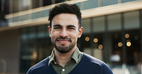 Image showing Happy, city and face of business man by building for career, job and work opportunity. Professional, corporate worker and portrait of person in urban town for success mindset, growth and travel