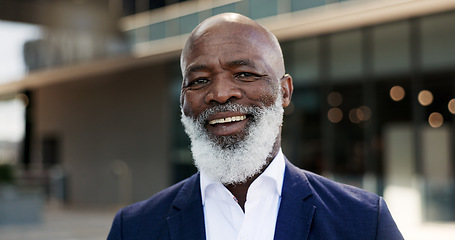 Image showing Happy, city and face of business black man by building for career, job and work opportunity. Professional, corporate employee and portrait of worker in urban town for management, mindset and pride