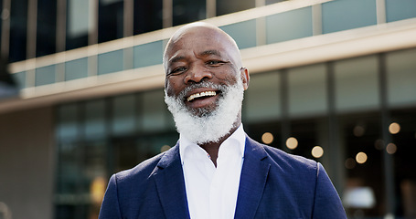 Image showing Laugh, city and face of business black man in city by building for career, job and work opportunity. Professional, happy and portrait of worker in urban town for success mindset, growth and travel