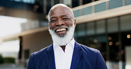 Image showing Laugh, city and face of business black man in city by building for career, job and work opportunity. Professional, happy and portrait of worker in urban town for success mindset, growth and travel