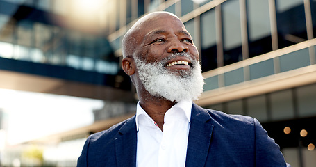 Image showing Thinking, building and business black man in city on morning commute for career, job and work opportunity. Professional, happy and face of worker in town for success mindset, inspiration and future