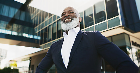 Image showing Outdoor, business and senior man with a smile, thinking and opportunity with success, pride and career ambition. African person, employee and entrepreneur with ideas, solution and vision for company