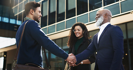 Image showing Handshake, city and happy business people for recruitment, career and hiring opportunity. Professional, collaboration and workers shaking hands for agreement, thank you and b2b deal for success