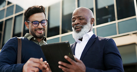 Image showing Tablet, discussion and business people doing research in the city planning a legal strategy. Meeting, digital technology and team of male lawyers working on case in collaboration in urban town.