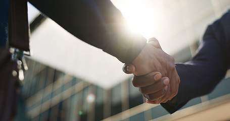 Image showing Handshake, meeting and business people in morning in city for career, job and work opportunity. Professional, collaboration and workers shaking hands for agreement, thank you and b2b deal for hiring