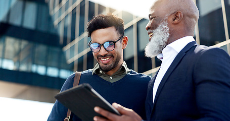 Image showing Tablet, discussion and business men in the city planning a legal strategy in collaboration. Meeting, digital technology and team of professional male lawyers working on corporate case in urban town.