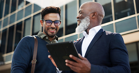 Image showing Tablet, discussion and businessman with manager in the city planning a legal strategy. Meeting, digital technology and team of professional lawyers working on case in collaboration in urban town.