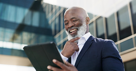 Image showing Tablet, smile and senior businessman in the city doing research for a legal strategy. Happy, digital technology and elderly professional African male lawyer working on case commuting in urban town.