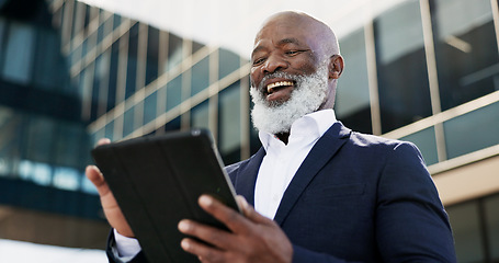 Image showing Tablet, smile and senior businessman in the city doing research for a legal strategy. Happy, digital technology and elderly professional African male lawyer working on case commuting in urban town.