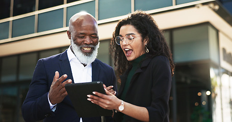 Image showing Tablet, talking and businesswoman with manager in the city planning a legal strategy. Discussion, digital technology and team of professional lawyers working on case in collaboration in urban town.