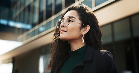 Image showing Confident, city and face of business woman by building for career, job and work opportunity. Professional, happy and portrait of worker in urban town for success mindset, growth and company pride