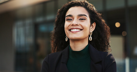 Image showing Confident, city and face of business woman by building for career, job and work opportunity. Professional, happy and portrait of worker in urban town for success mindset, growth and company pride