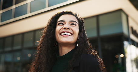 Image showing City, thinking and woman with a smile, funny and opportunity with wonder, solution and laughing. Person, outdoor or girl with ideas, thoughts or humor with joke, urban town or building with happiness