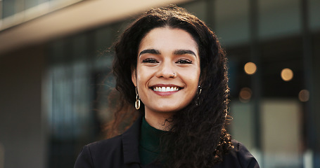 Image showing Happy, city and face of business woman by building for career, job and work opportunity. Professional, confidence and portrait of worker in urban town for success mindset, growth and company pride