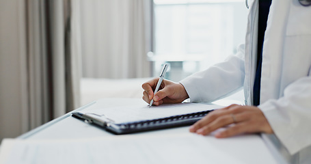 Image showing Doctor, hands and writing on checklist at desk for health, information and paperwork. Table, clipboard and closeup of medical woman on chart for prescription, notes or insurance document in hospital